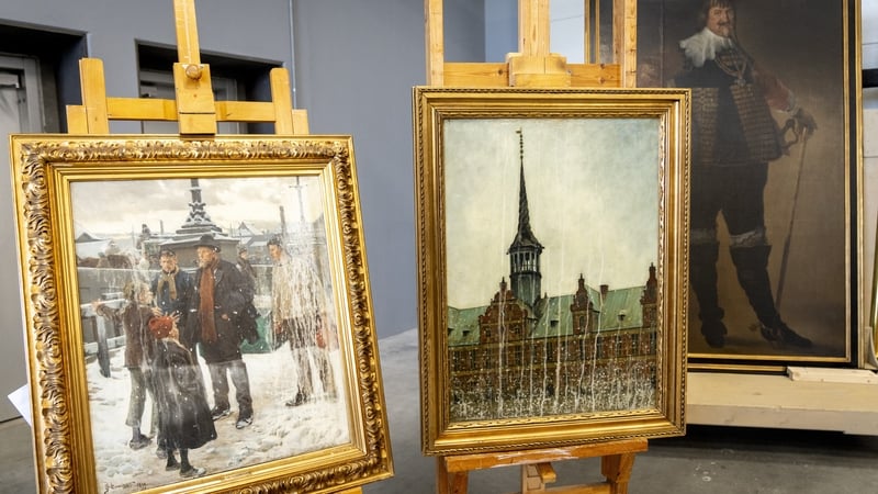 Artworks, rescued from the fire at the site of the historic former stock exchange Boersen in Copenhagen, are pictured at the National Museum's warehouse in Vinge, near Hobro