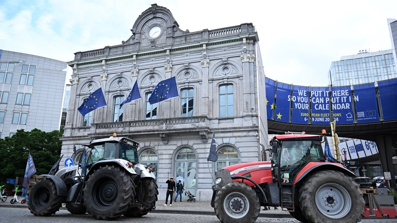 Farmers park their tractors close to the European Parliament during a protest in Brussels against the EU's environmental policies