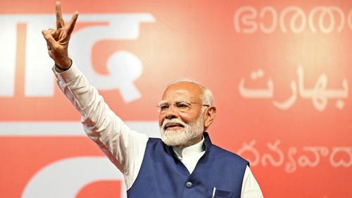 Prime Minister Narendra Modi celebrating at BJP headquarters after the party's win in India's general election