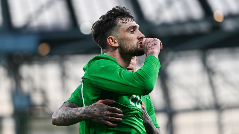 Troy Parrott celebrates his later winner on Lansdowne Road
