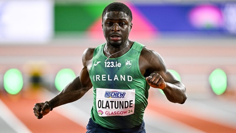 Israel Olatunde competing in his heat of the Men's 60m at the World Indoor Athletics Championships 2024.