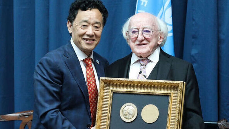 President Michael D Higgins was presented with the Agricola medal from FAO Director General Dr Qu Dongyu (photo: RollingNews.ie)