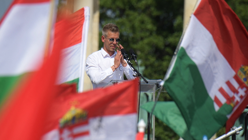 Peter Magyar gives a speech during the anti-government rally in Budapest today