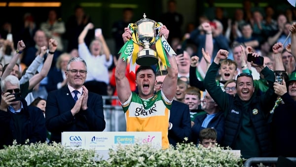 Offaly captain Jason Sampson lifts the Joe McDonagh Cup at Croke Park