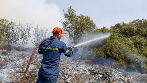 A firefighter extinguishes a wild fire near the village of Dikella in Alexandroupoli, Greece last August