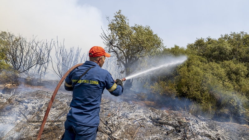A firefighter extinguishes a wild fire near the village of Dikella in Alexandroupoli, Greece last August