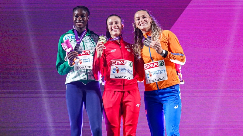 Rhasidat Adeleke, Natalia Kaczmarek and Lieke Klaver pose with their medals on the podium in Rome