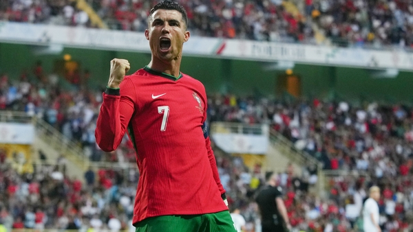 Cristiano Ronaldo celebrating after scoring against Ireland in a warm-up match