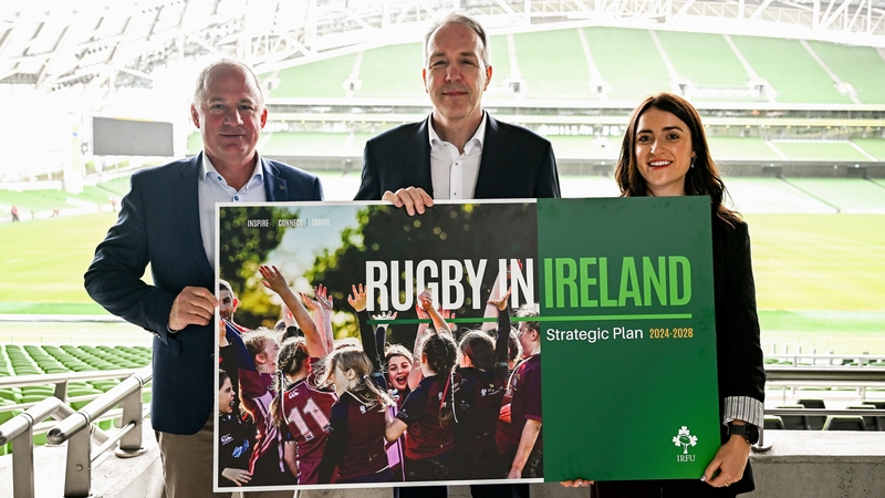 Performance director David Humphreys, chief executive officer Kevin Potts, and strategy and projects manager Kate Binchy at the launch of the IRFU's stategic plan 2024-2028