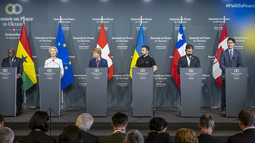 L-R Ghana's President Nana Addo Dankwa Akufo-Addo, EC President Ursula von der Leyen, Swiss Federal President Viola Amherd, Ukraine's President Volodymyr Zelensky, Chile's President Gabriel Boric and Canadian PM Justin Trudeau