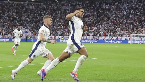 Jude Bellingham celebrates his goal in England's opening game of the tournament