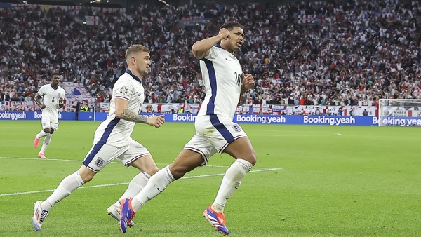 Jude Bellingham celebrates his goal in England's opening game of the tournament