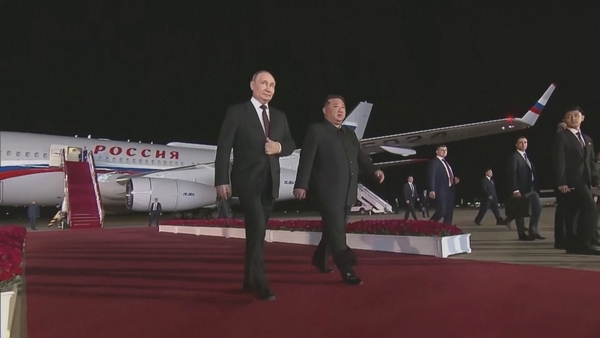 Vladimir Putin meets Kim Jong-un on his arrival in Pyongyang this evening