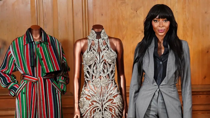 Naomi Campbell with pieces from the V&A's forthcoming NAOMI exhibition, celebrating her 40 years in fashion, 2024. (Ian West/PA)