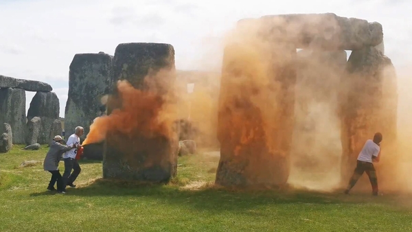 In June, orange powder paint was sprayed on the prehistoric Stonehenge monument in England