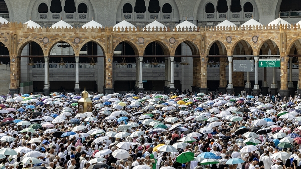 Pilgrims pictured praying during the hajj pilgrimage in Saudi Arabia where extreme heat has seen hundreds of people die