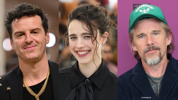 (L-R) Andrew Scott, Margaret Qualley, and Ethan Hawke star in Richard Linklater's Blue Moon