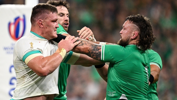 Jasper Wiese of South Africa and Andrew Porter of Ireland tussle during the sides' meeting at last year's World Cup