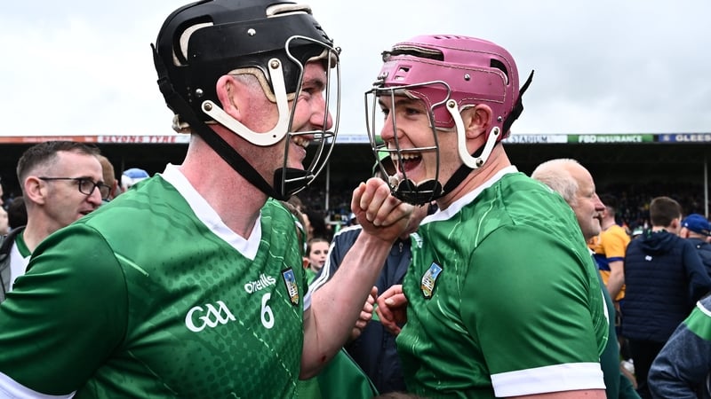 Declan Hannon (L) celebrates with, 
Shane O'Brien after Limerick's Munster final victory over Clare
