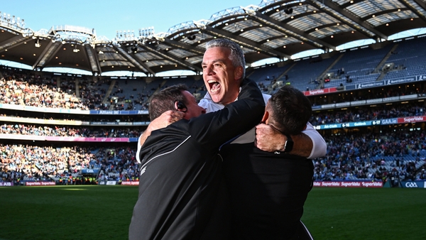 Galway manager Pádraic Joyce celebrates after his side knocked out the reigning champions at Croke Park