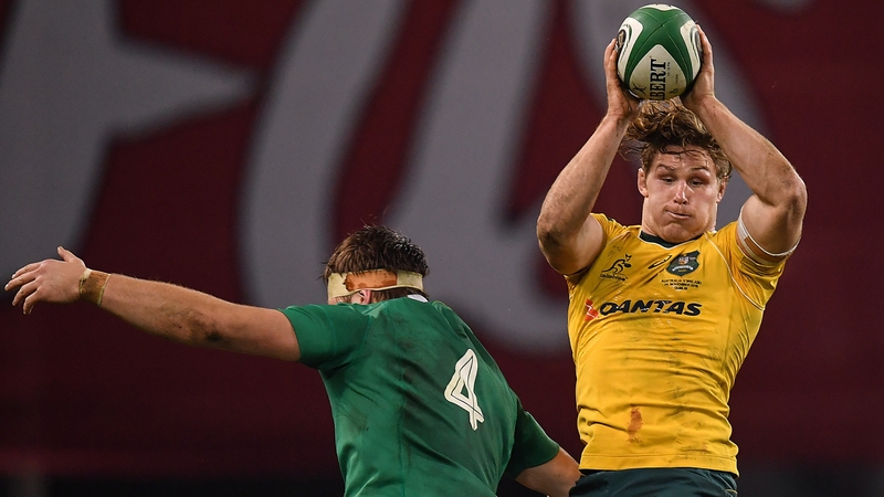 Michael Hooper (R) in action against Ireland at the Aviva Stadium in 2016