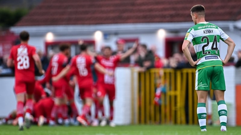 Shamrock Rovers' Johnny Kenny watches on as his former club Sligo Rovers celebrate Simon Power's first goal last Friday