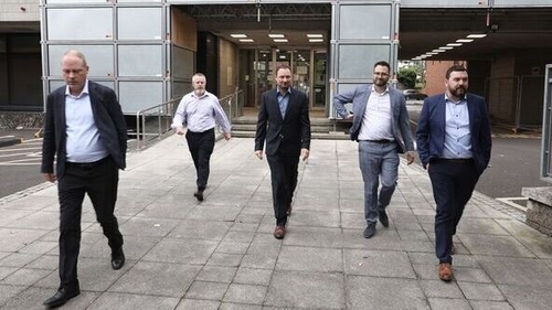 IALPA president Captain Mark Tighe (2nd left), leads his team out from the talks at the Labour Court for a coffee break (Pic: RollingNews)