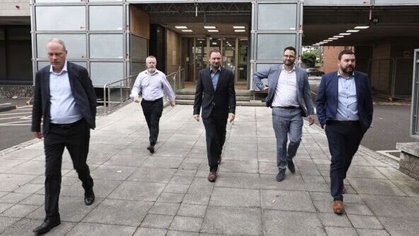 IALPA president Captain Mark Tighe (2nd left), leads his team out from the talks at the Labour Court for a coffee break (Pic: RollingNews)
