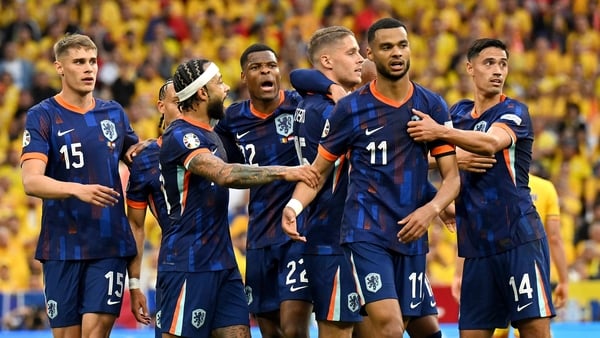 The Netherlands celebrate Donyell Malen's first goal against Romania