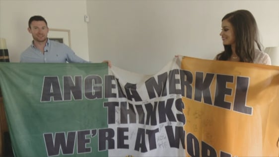 Newlyweds Richie Touhy and Orlagh Eichholz pose with the famous Euro 2012 flag in 2019.