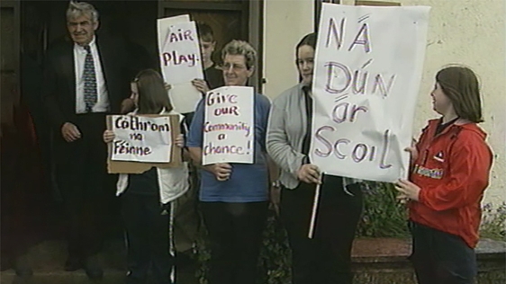 Campaigners outside Carrowmore Lacken National School in County Mayo, 1999