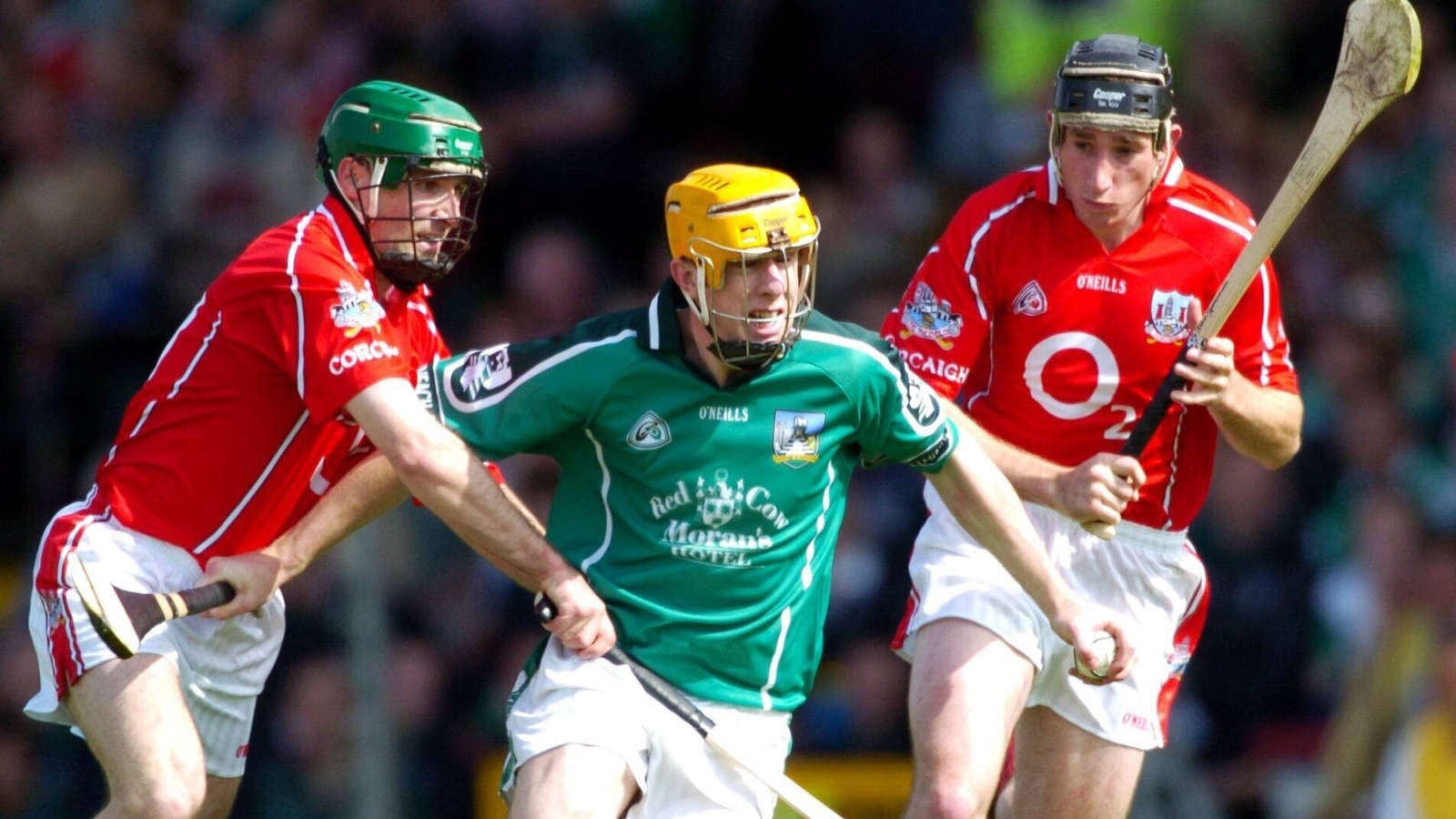 Niall Moran being tackled by Jerry O'Connor (L) and John Gardiner in 2004