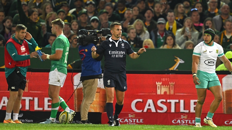 Referee Luke Pearce calls for the TMO after Ireland thought they had scored a second try