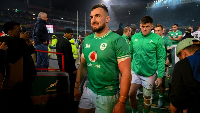 Rónan Kelleher (c), with his injured team-mate Dan Sheehan behind him after Saturday's 27-20 defeat to South Africa