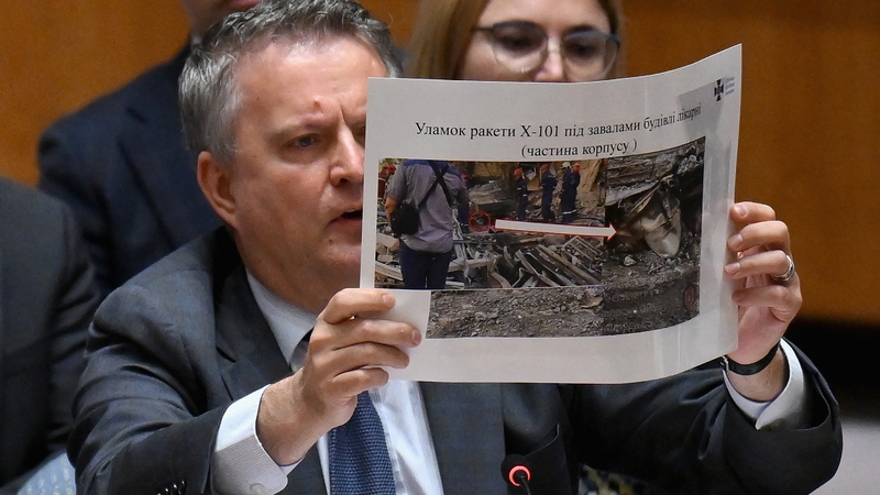 Ukrainian Ambassador Sergiy Kyslytsya displaying evidence at an emergency meeting at the UN