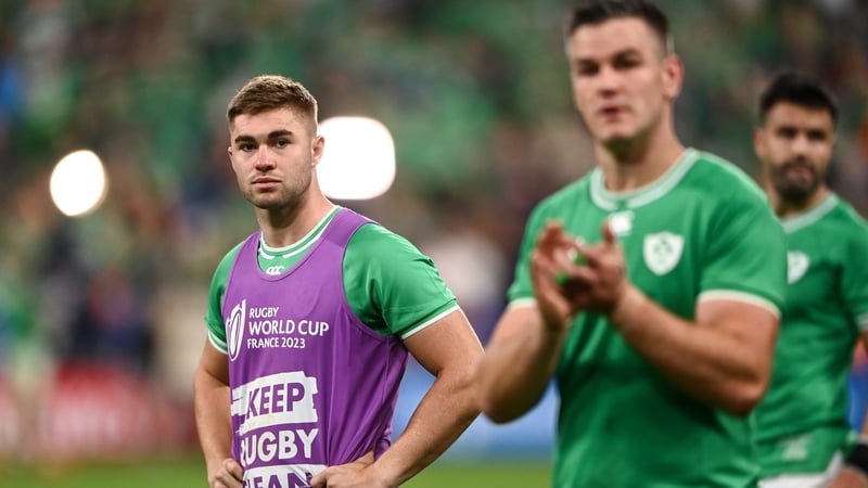Jack Crowley (l) and Johnny Sexton at last year's World Cup