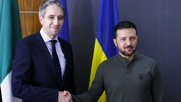 President Volodymyr Zelensky and Taoiseach Simon Harris pictured ahead of their bilateral discussions at Shannon Airport