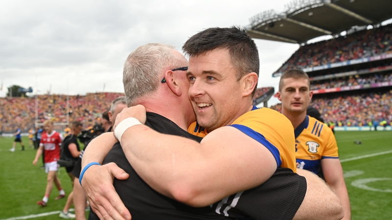 Tony Kelly celebrates with Clare manager Brian Lohan