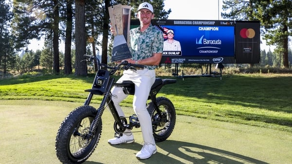 Nick Dunlap poses with his prizes at Tahoe Mountain Club's Old Greenwood course