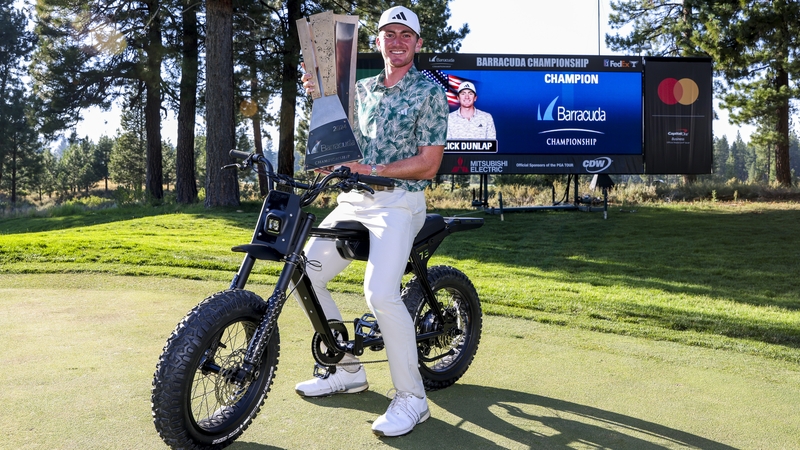 Nick Dunlap poses with his prizes at Tahoe Mountain Club's Old Greenwood course