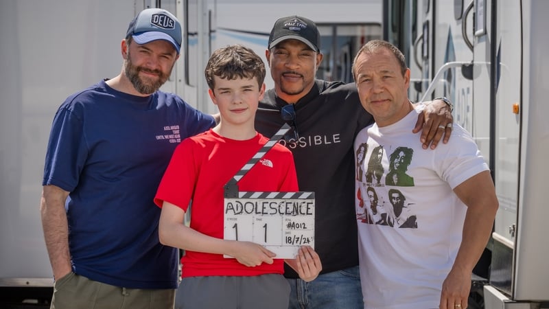 (L-R) Director Philip Barantini and stars Owen Cooper, Ashley Walters, and Stephen Graham on the set of Adolescence (working title) Photo courtesy of Netflix/Ben Blackall