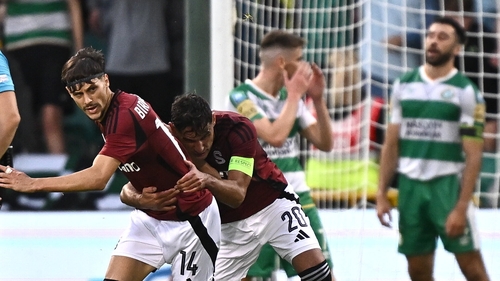 Veljko Birmancevic of Sparta Prague (L) celebrates with Qazim Laci after scoring his side's first goal