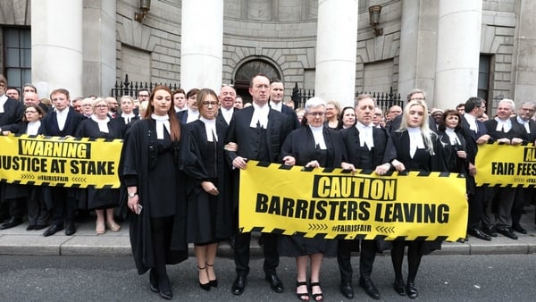 Barristers outside the Four Courts in Dublin striking for restoration of fees