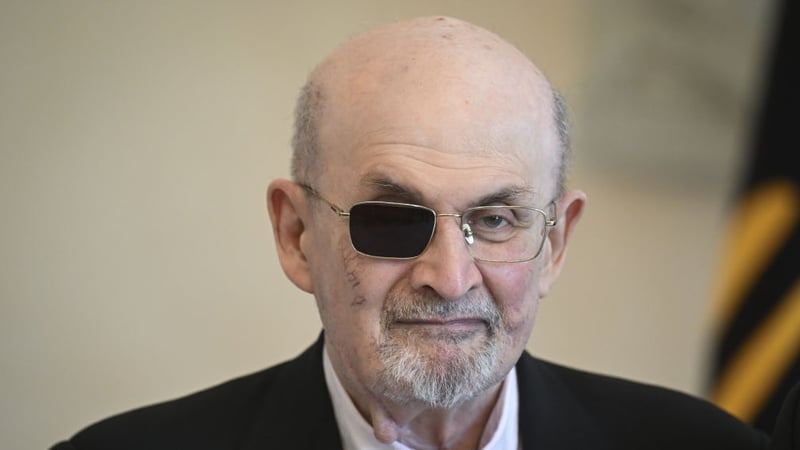 Salman Rushdie was blinded in his right eye and his left hand was badly injured in the attack (file image)