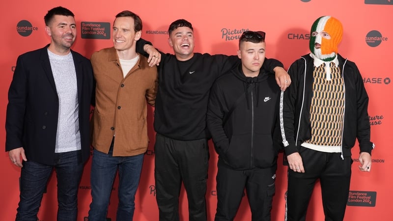 Kneecap director Rich Peppiatt, Michael Fassbender and Kneecap's Móglaí Bap, Mo Chara, and DJ Próvaí at the UK premiere of Kneecap, the opening film of the Sundance London Film Festival, in June Photo: Press Association