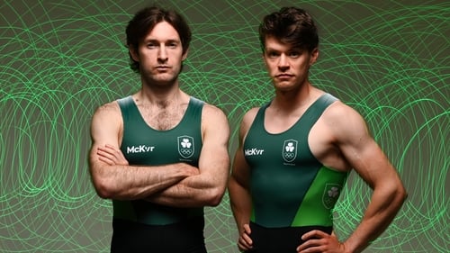 Paul O'Donovan (L) and Fintan McCarthy are in rowing action
