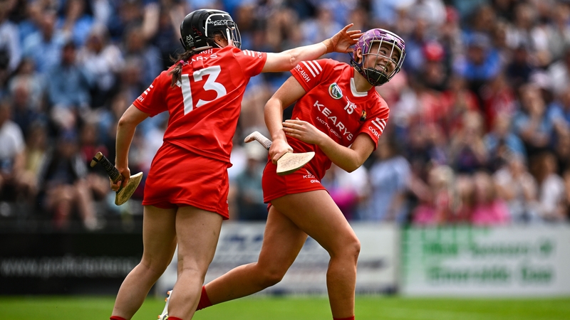 Cork's Orlaith Cahalane (L) and Amy O'Connor celebrate the latter's goal