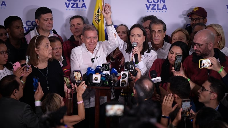 Opposition leader Maria Corina Machado and candidate Edmundo Gonzalez address the media following the election result in Caracas, Venezuela