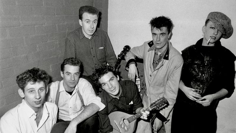 Shane MacGowan, Andrew Rankin, Jem Finer, Spider Stacy, James Fearnley and Cait O'Riordan of The Pogues, pictured together in 1984