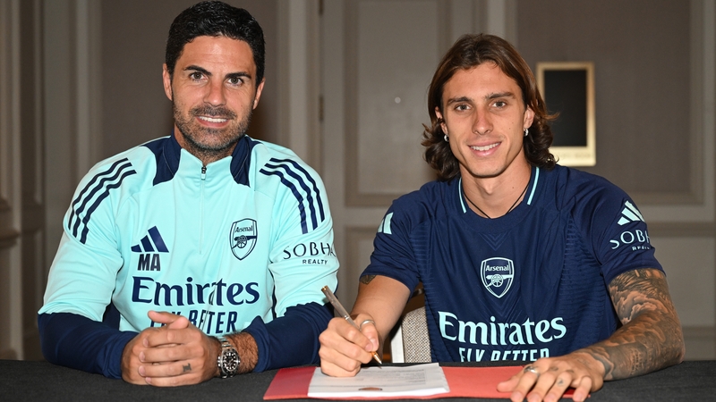 Arsenal boss Mikel Arteta with new signing Riccardo Calafiori